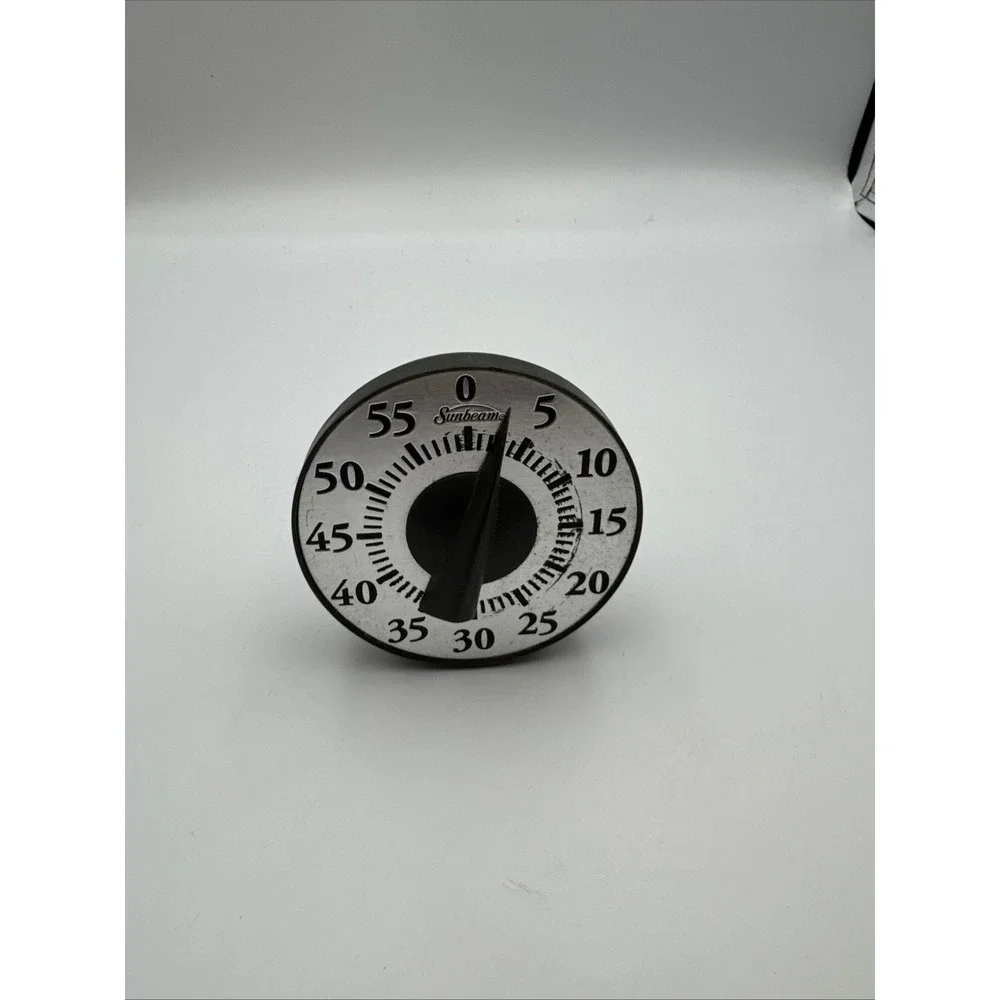 Vintage Sunbeam Mechanical Kitchen Timer 60 Minute Manual Wind Up Silver Black